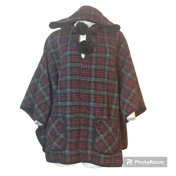 Marina Luna Plaid Poncho - Red and Black - Picture 1 of 12
